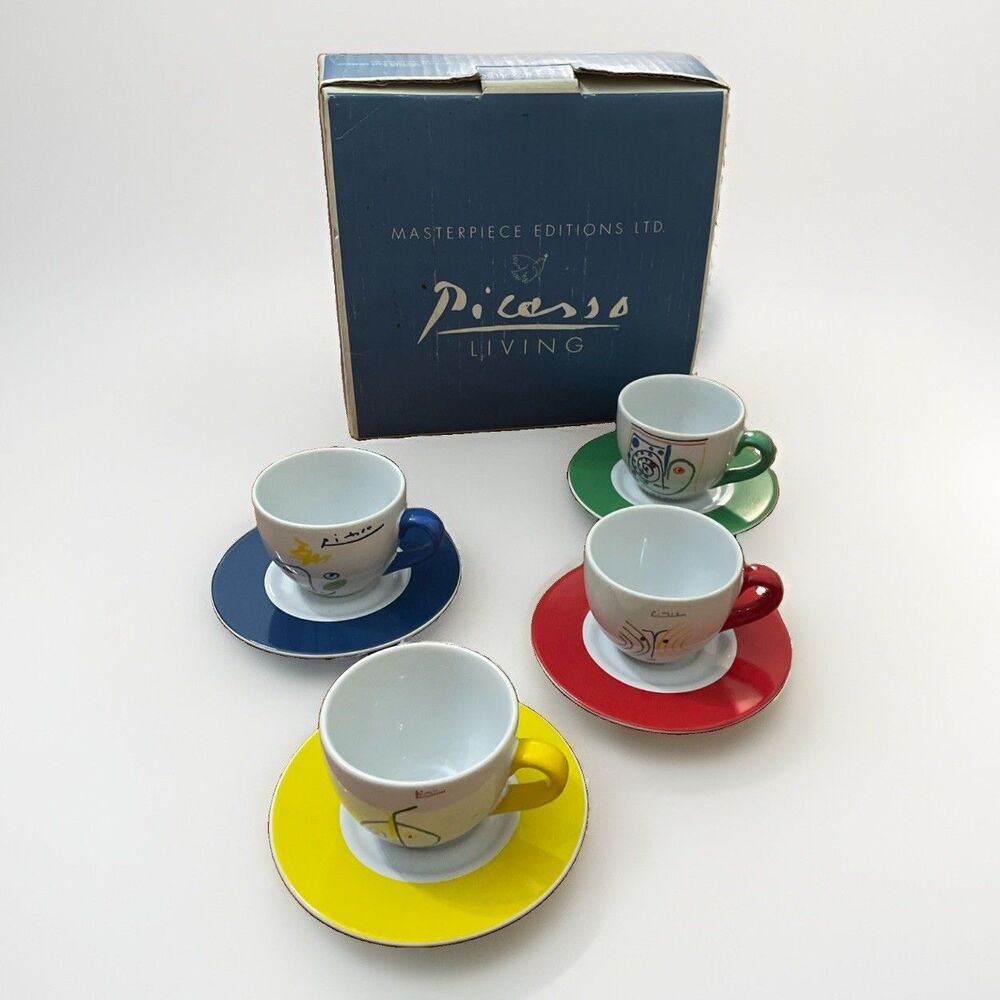 Vintage 1996 Pablo Picasso Crayon Collection 4 Espresso Cups Saucers Box